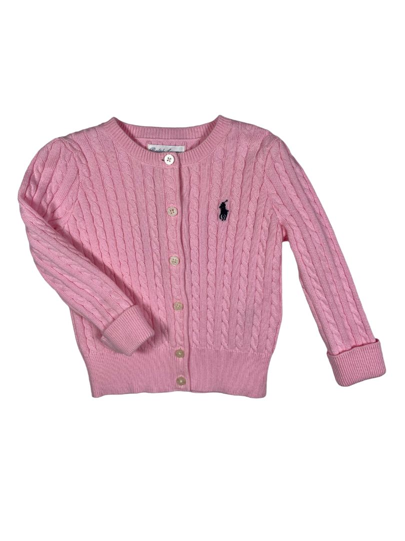 12 mo, Ralph Lauren, Pink, NEW w/ tags - Cable-knit button-up cardigan, navy emblem