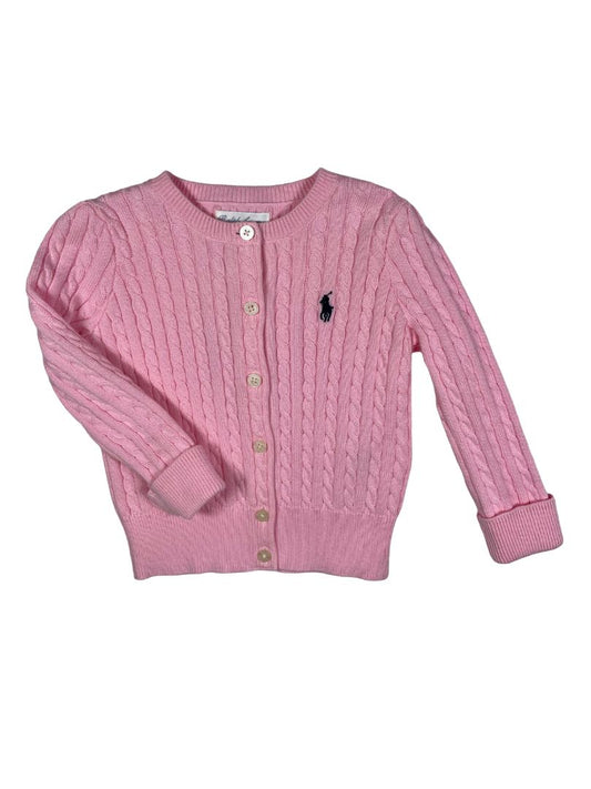 12 mo, Ralph Lauren, Pink, NEW w/ tags - Cable-knit button-up cardigan, navy emblem