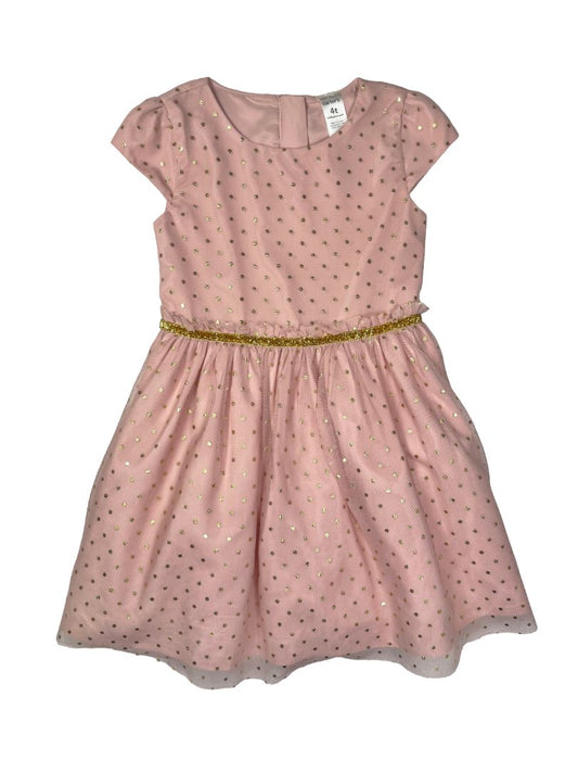 4/4T, Carter's, Pink, Cap sleeve tulle dress w/ gold metallic polka dots
