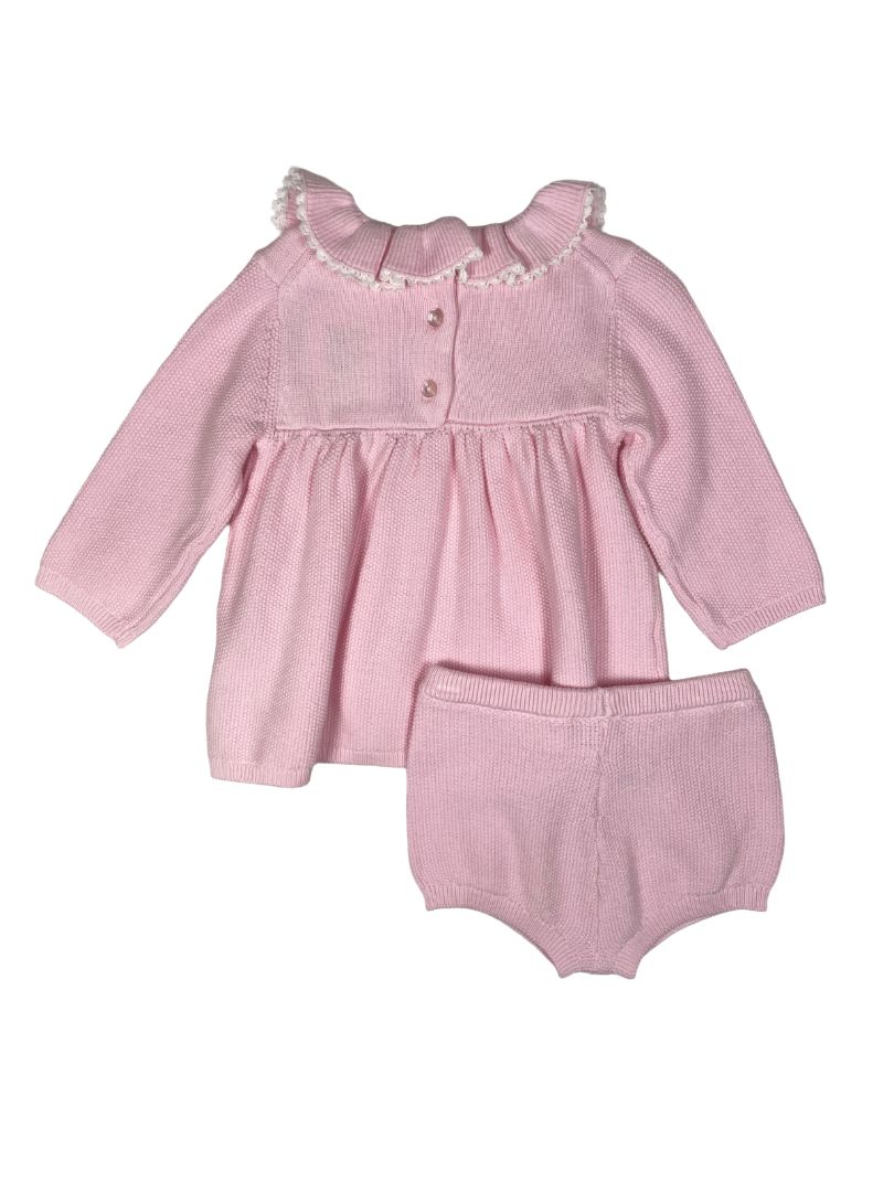 12-18 mo, Janie and Jack, Pink, Knit long-sleeve dress, ruffle collar + bloomers SET