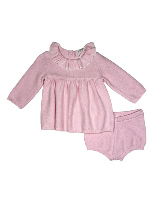 12-18 mo, Janie and Jack, Pink, Knit long-sleeve dress, ruffle collar + bloomers SET