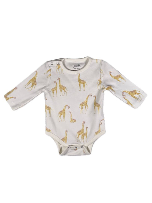 0-3 mo, Pehr, White, Giraffe print organic cotton long-sleeve bodysuit