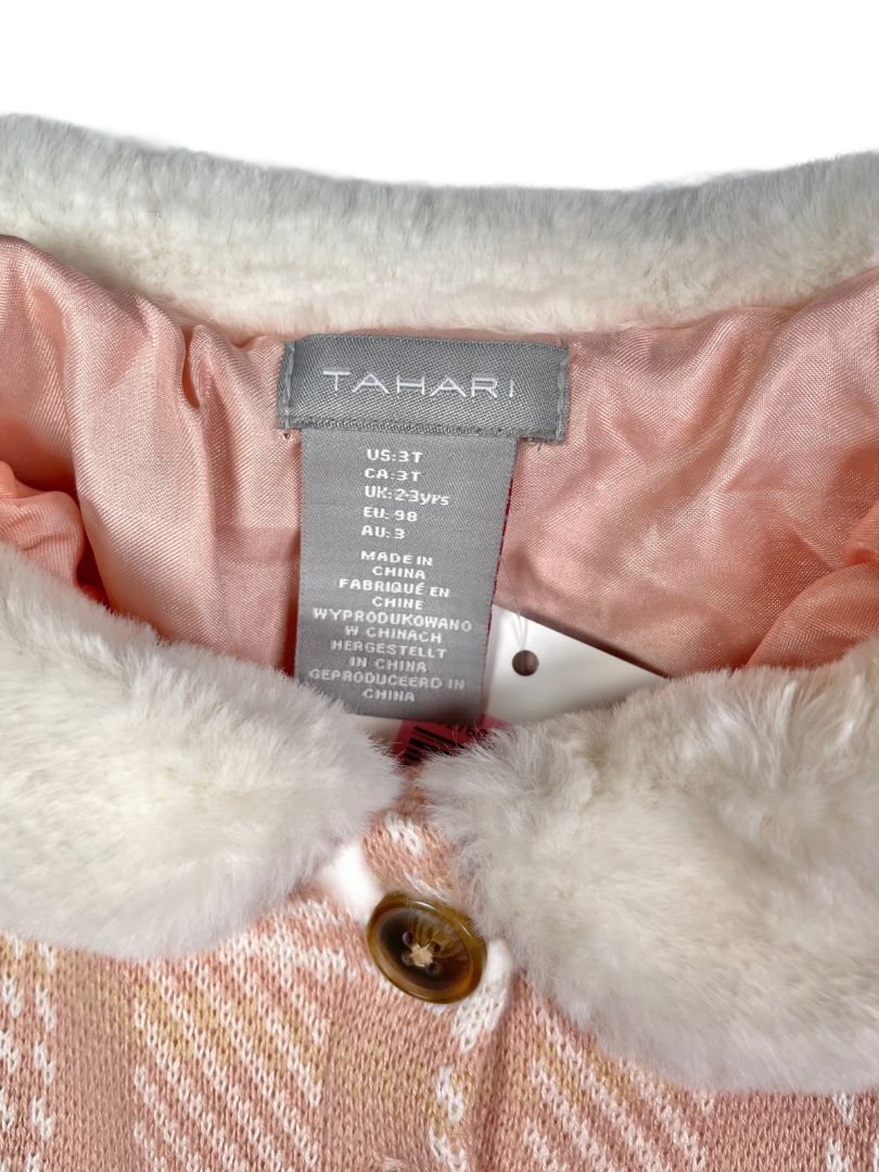 3/3T, Tahari, Pink, Knit plaid jacket, faux fur collar and cuffs, bows