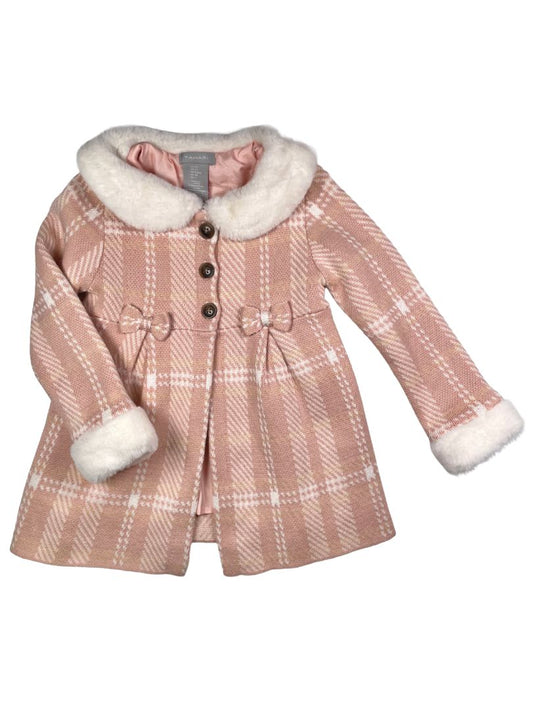 3/3T, Tahari, Pink, Knit plaid jacket, faux fur collar and cuffs, bows
