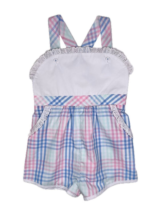 4/4T, The Beaufort Bonnet Company, White, New w/ tags - Ruthie Romper, pastel plaid w/ lace eyelet trim, adjustable straps