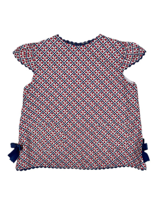 18 mo, Bella Bliss, White, Cap-sleeve blouse, red/blue pattern, ric-rac trim & blue bows