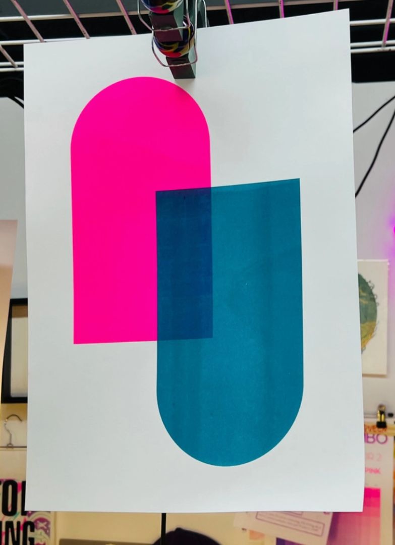 Punch Kiss Press, Risograph 2 Color Teal & Pink Arches 11.7" x 16.5" Print