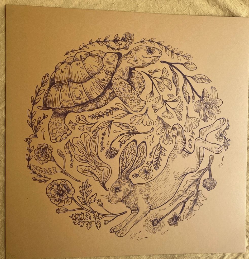 18" x 18", Field Sparrow Studio, Brown, Tortoise & the Hare Screen Print