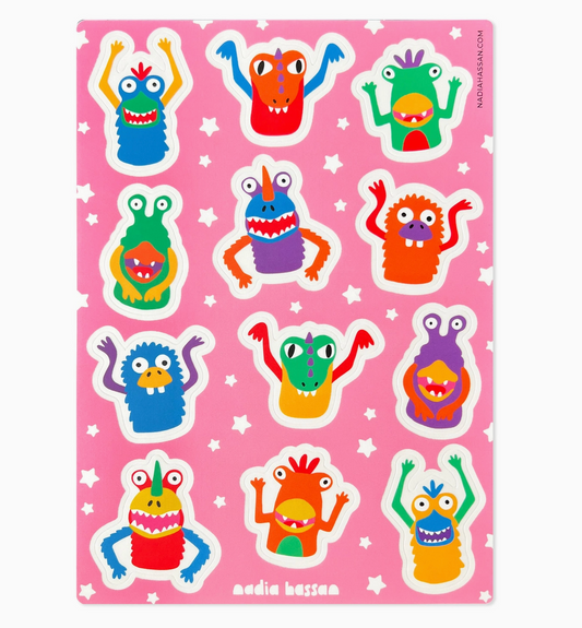 Nadia Hassan, Finger Puppet Monsters 5x7 Sticker Sheet