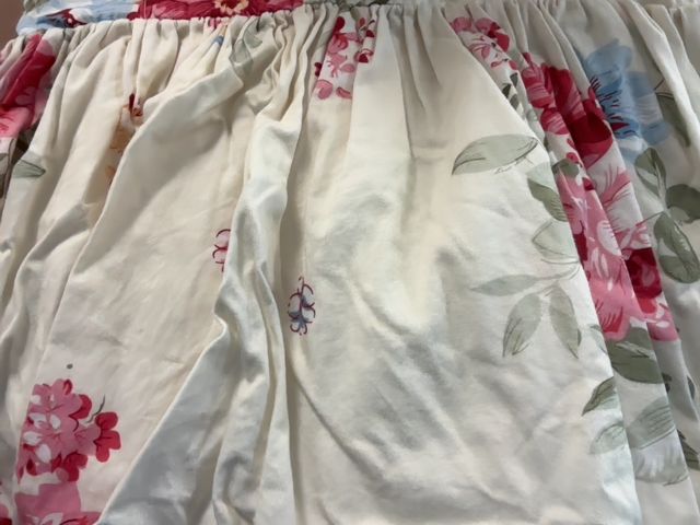 12 mo, Popatu, Cream, Flutter strap pink/blue floral dress, white lace at straps and bib