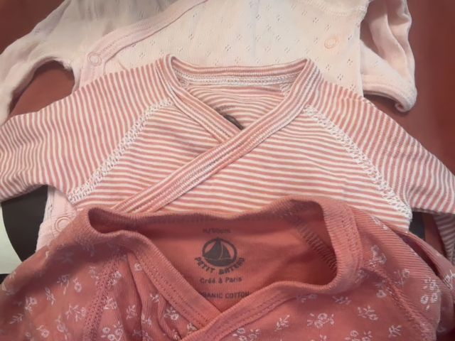 Newborn, Petit Bateau, Floral + striped + pointelle long-sleeve cross-over bodysuits SET of 3