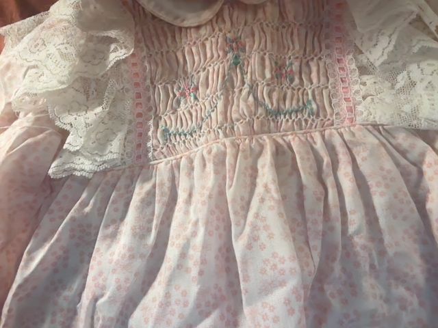 24 mo, Polly Flinders, Pink, Vintage long-sleeve foral dress, Smocking and lace ruffles at chest, Peter Pan collar