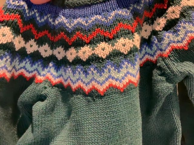 6-12 mo, Primary, Green, Red/blue/cream Fair Isle sweater