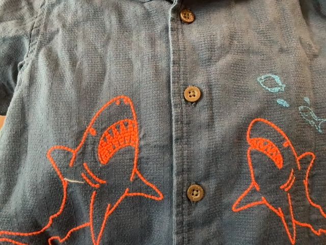 3/3T, Cat & Jack, Blue, Short-sleeve button-down shirt w/ neon orange embroidered sharks