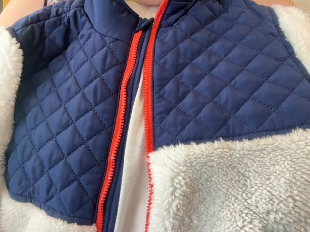 4/4T, Epic Threads, White, Color block zip-up jacket, faux fur & blue quilted chest, neon orange accents