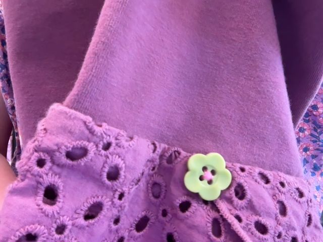 4/4T, Matilda Jane, Purple, Leggings w/ eyelet ruffle at hems, green flower buttons
