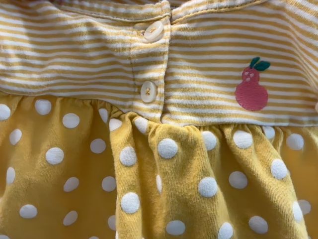 18 mo, Carter's, Yellow, Flutter sleeve white striped & polka dot shirt, pink embroidered pear