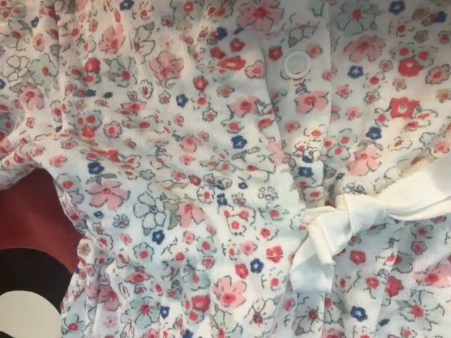 Newborn, Petit Bateau, White, Floral footed snap-up coverall, tie at waist, pink at collar